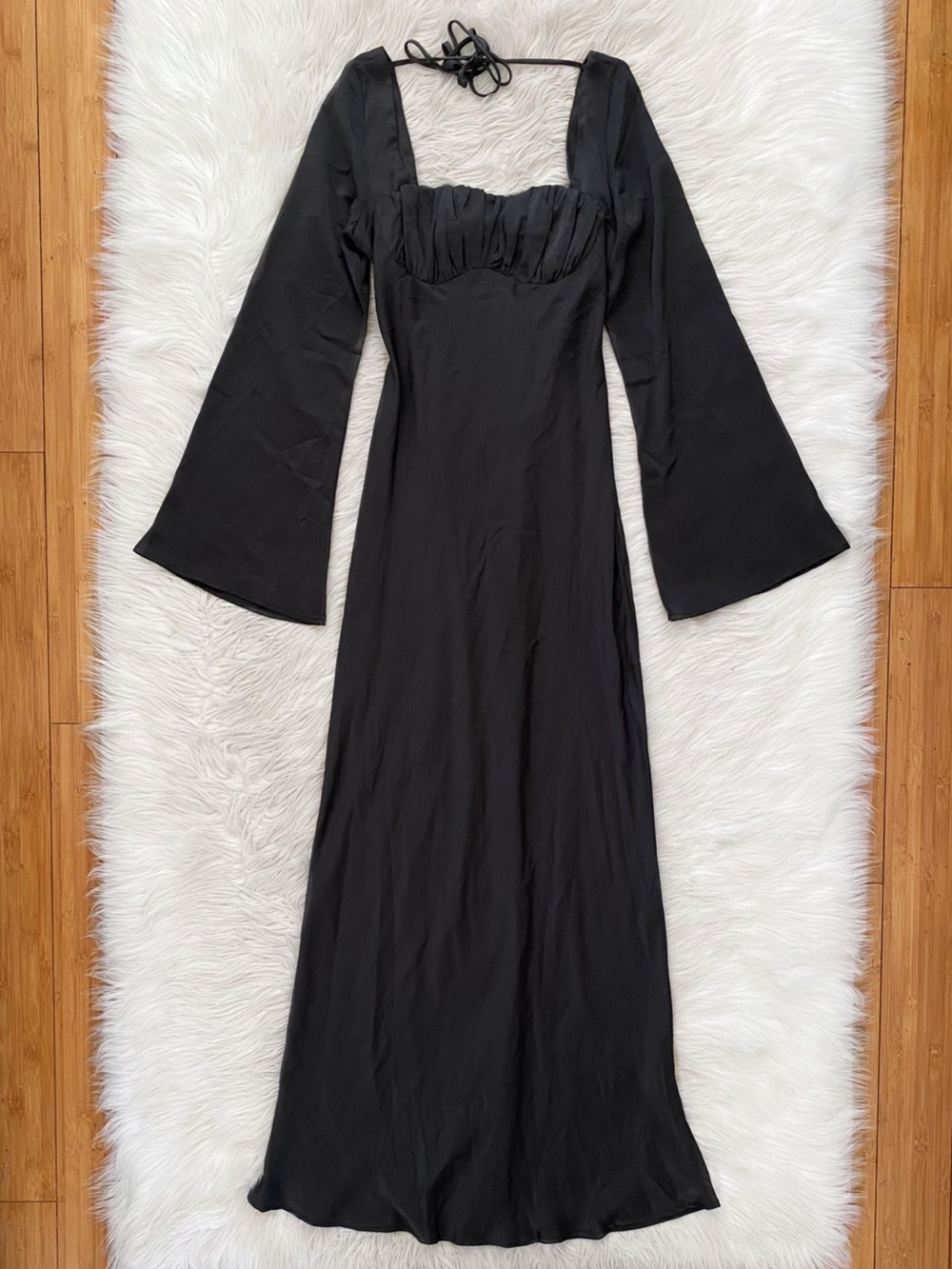 Princess Polly Black Satin Caponera Long Bell Sleeve Maxi Dress Witchy US 6